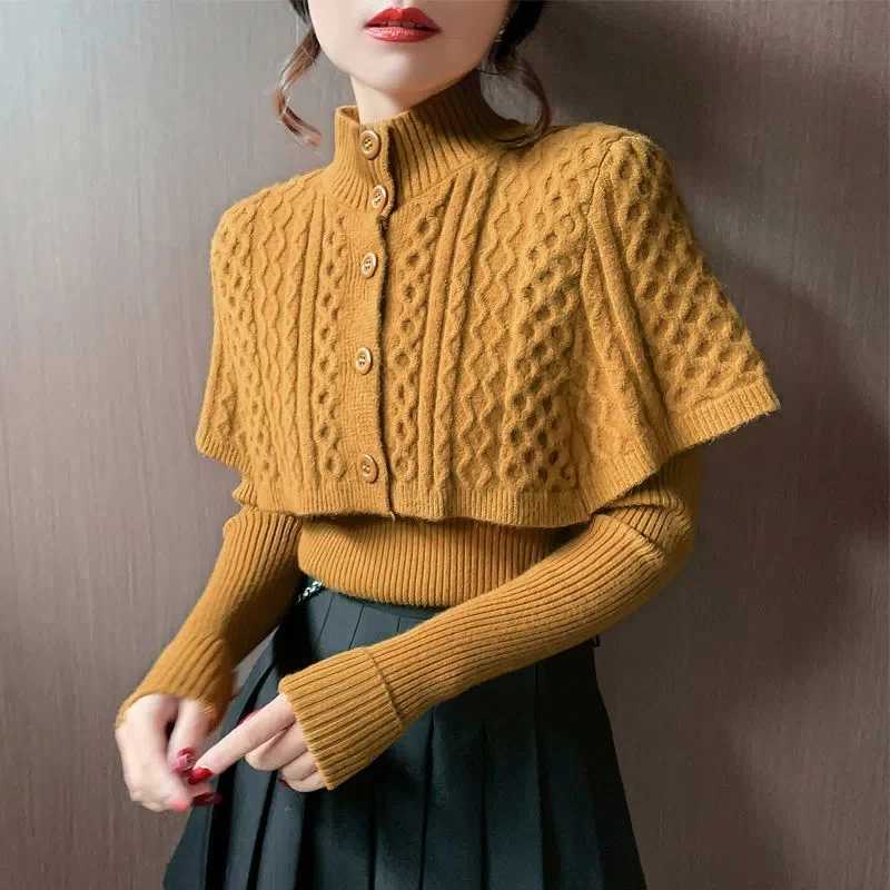 

2022 Fashion Women Knit Sweater Two-piece Sets Autumn Winter Twists Cloak Manteau Tops And V-neck Elastic Pullover 2-piece Suits