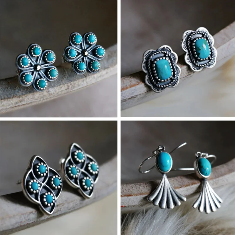 

Vintage Ethnic Style Faux Turquoise Earrings for Women Creative Small Cute Flower Shape Party Vacation Jewelry Accessories
