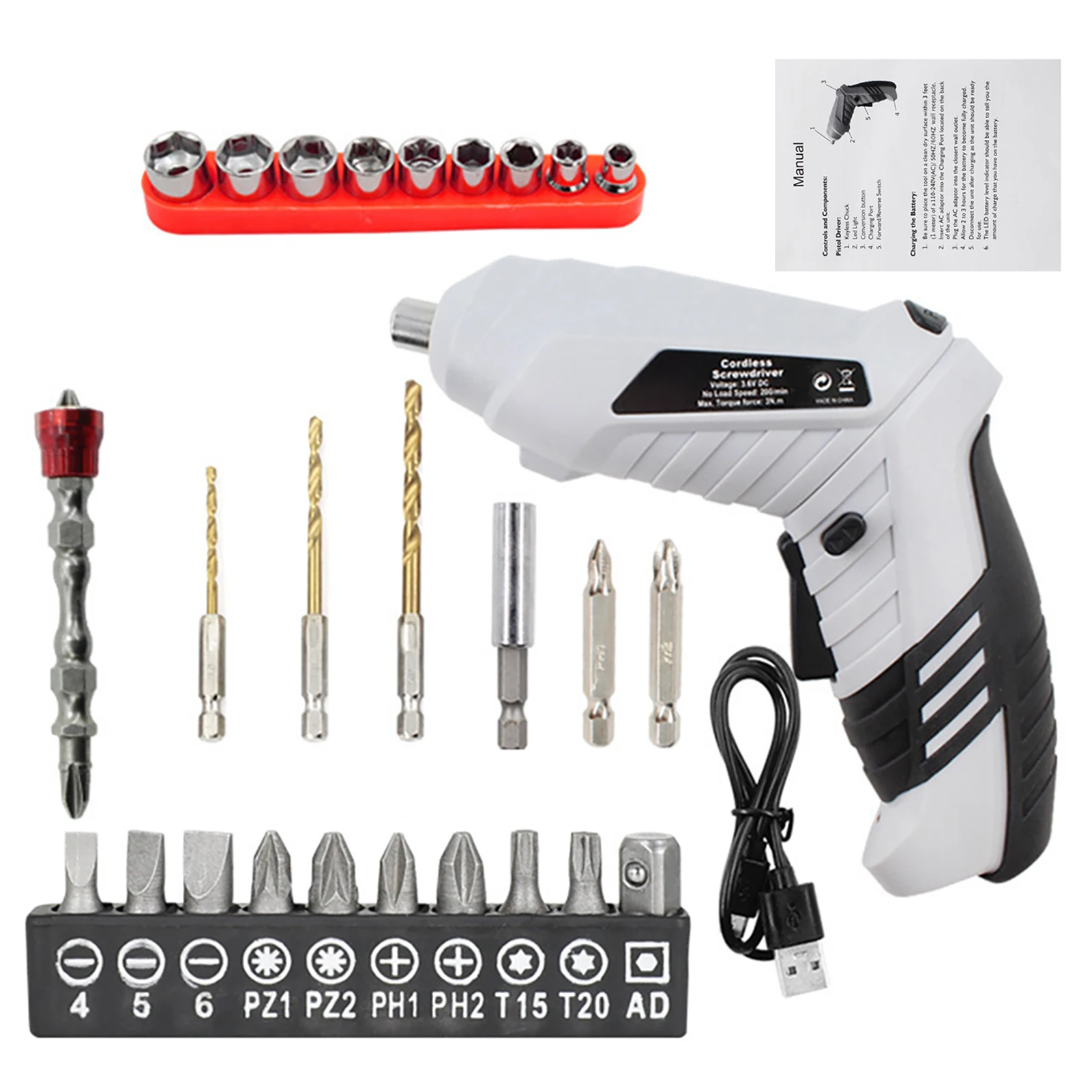 

Electric Screwdriver Kit LED Light Switch Design Mini Cordless 3.5N/M Drilling Repair Tools With Driver Bits USB Charging