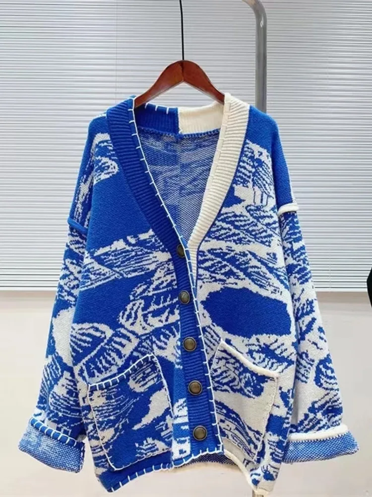 

New Women Girl Fall Winter Cardigans Full Sleeve Knitted Sweaters V Neck Basic Knitwear Rainbow Jacket Loose Cardigans Tops