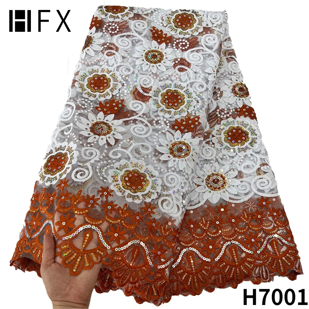 

HFX Factory price African Net Mesh Tulle Lace Top Selling Sequins Lace Fabric Nigerian Lace Fabrics For asoebi party Dress H7001