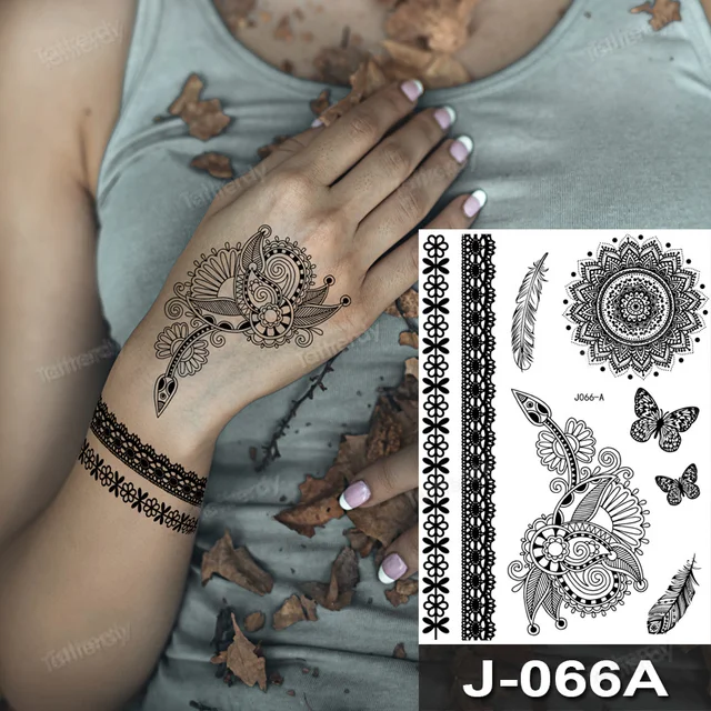 Sexy Lace Black Henna Temporary Tattoo Sticker Women Hand Jewelry Tatoo Paste Waterproof Fake Body Art Tattoo Wedding Indian 3