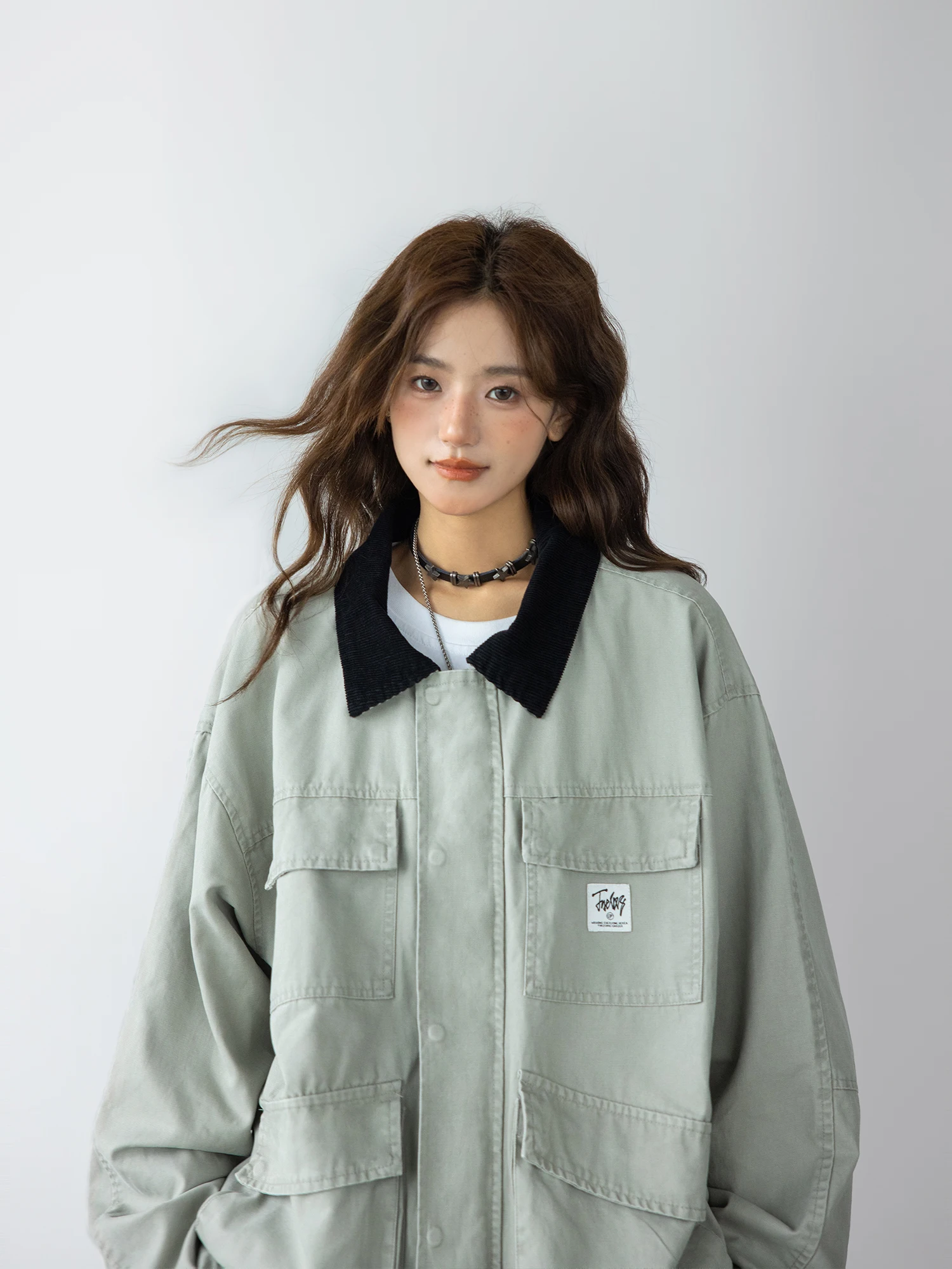 Женская винтажная куртка-карго с отложным воротником