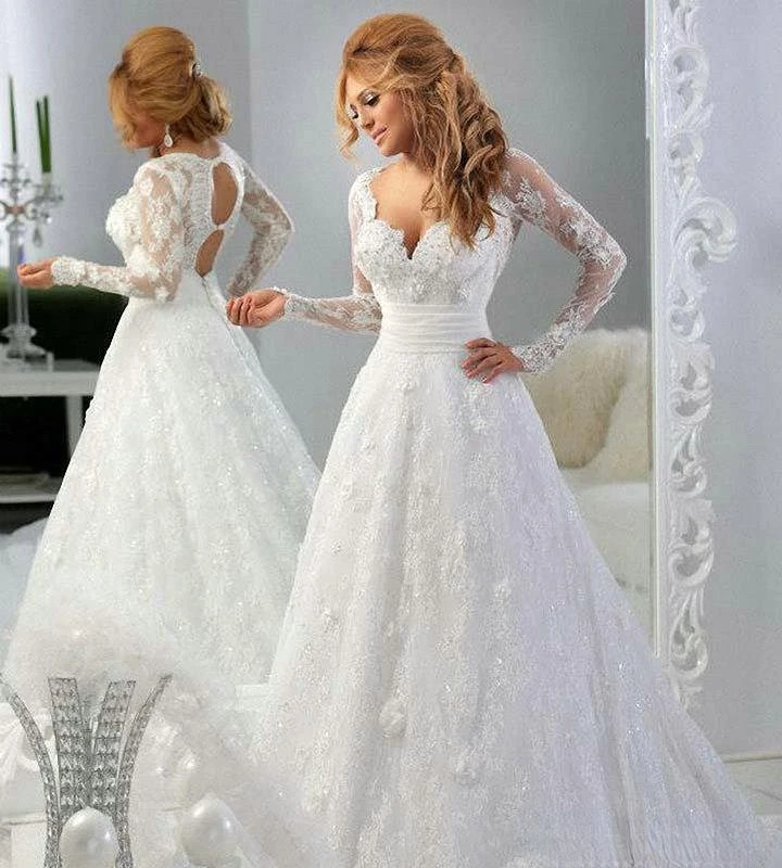 

Lace Sheer Illusion Long Sleeves A-line Wedding Dresses Sweetheart Beaded Hollow Back Applique Sexy Court Train Bridal Gowns