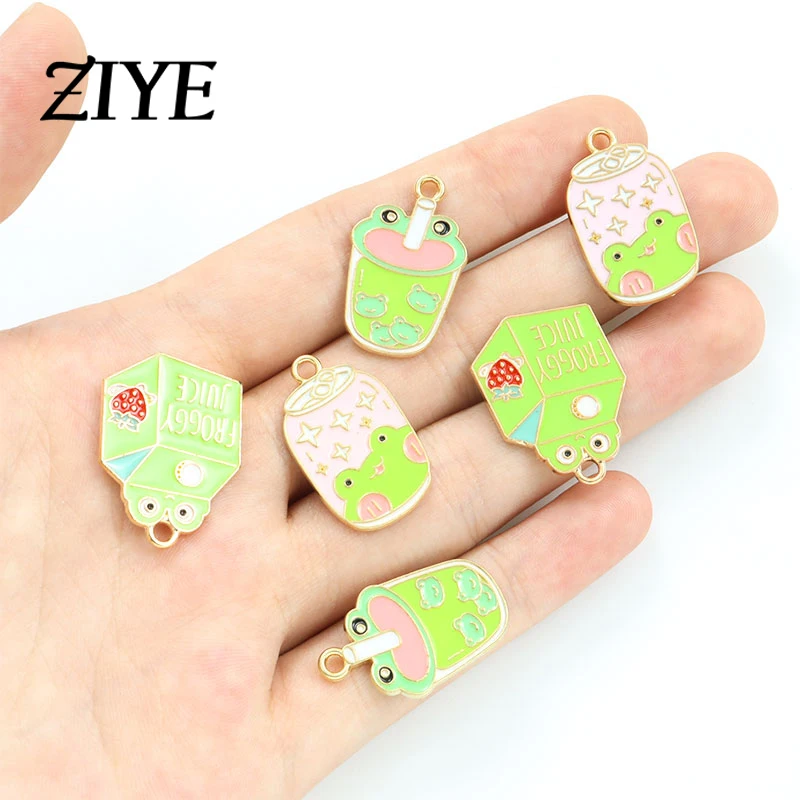 

10pcs Cute Frog Bubble Tea Milk Juice Can Enamel Charms Kawaii Green Animals Foods Alloy Pendants For Making DIY Handmade Gifts