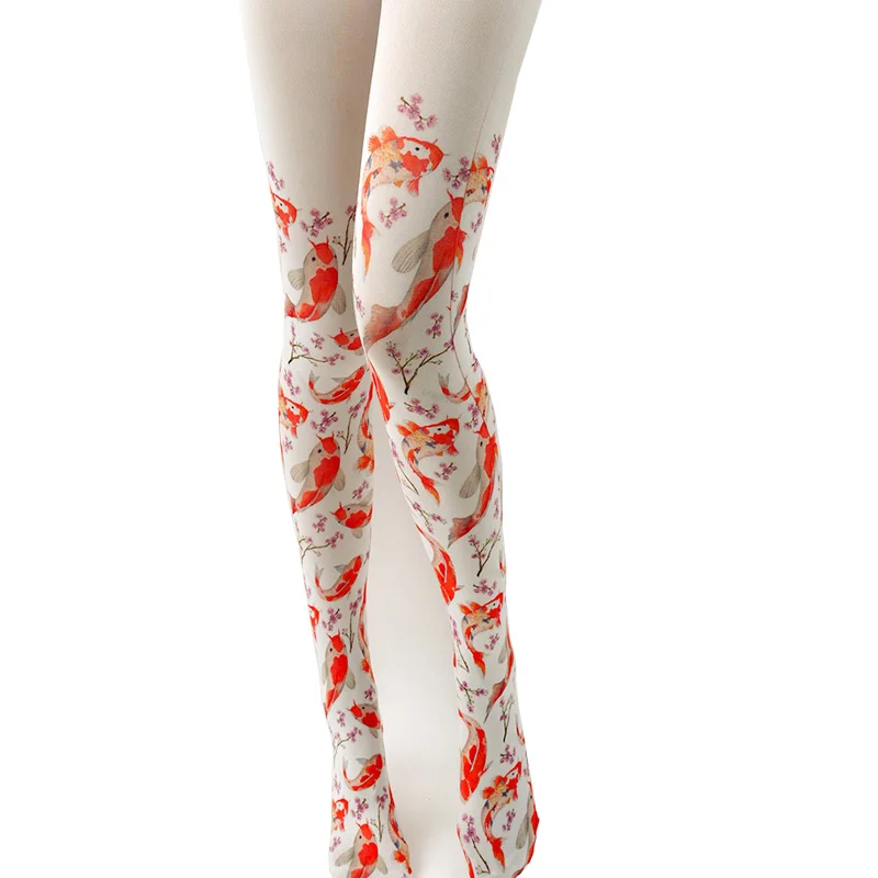Women Kawaii Tights Harajuku Lolita Tattoo Pantyhose Cute Flower Carp Gradient Pattern Stockings Women Preppy Style Pantyhoses