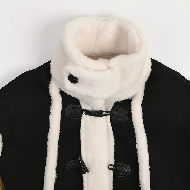 KoHuiJoo 2022 Winter New Lambswool Outerwear Women Stand Collar Suede Fashion Loose Thick Cotton Padded Coat Woman Horn Buckle