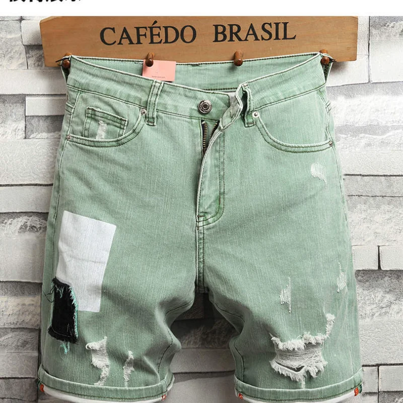 

Summer Green Denim Shorts for Men Holes Stretch Casual Shorts Jeans High Quality Male Patch Fit Denim Jeans Shorts Pants Size36
