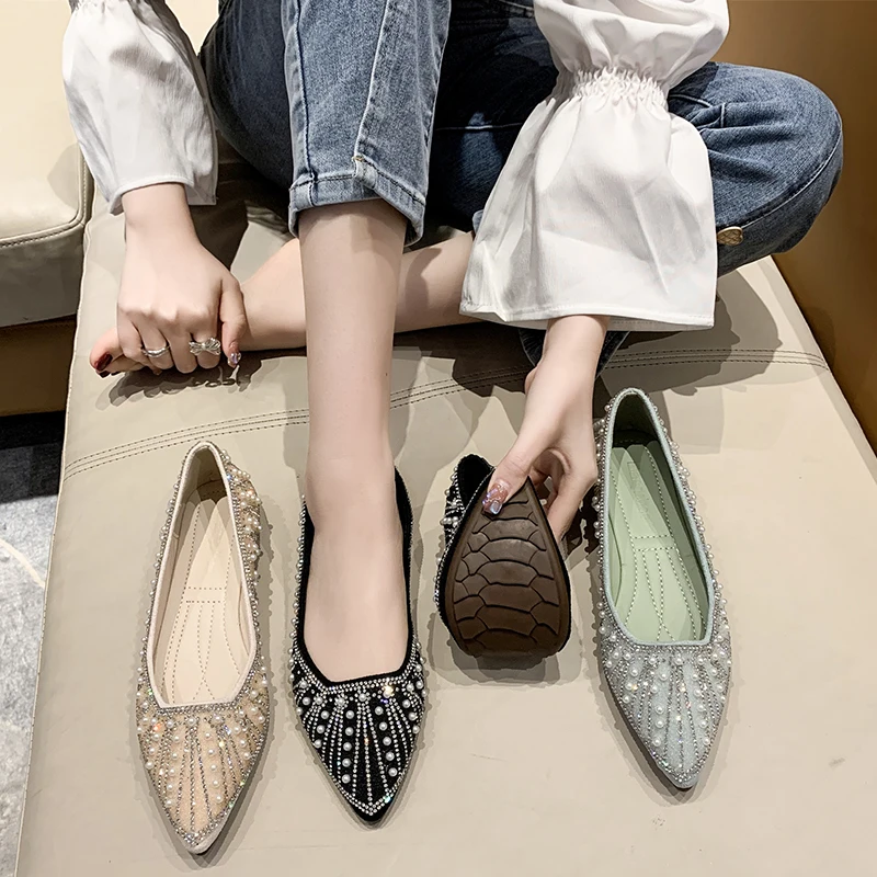 

Women Flat Ballet Shoes String Bead Bling Crystal Pointed Toe Flats Casual Elegant Lady Wedding Shoes Loafer Spring Size 35-40