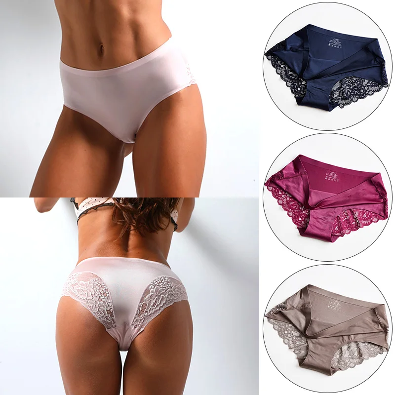 

M-3XL Sexy Women's Lace Panties Underwear Seamless Mid Waist Female Silk Briefs Breathable Lady Lingerie Soft Underpants