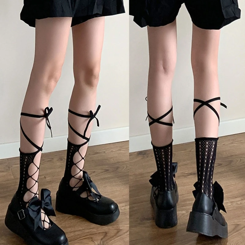 

Women Gothic Hollow Out Fishnet Calf Socks Japanese Harajuku Lolita Crisscross Lace-Up Bandage Bowknot Mesh Lace Mid Tube