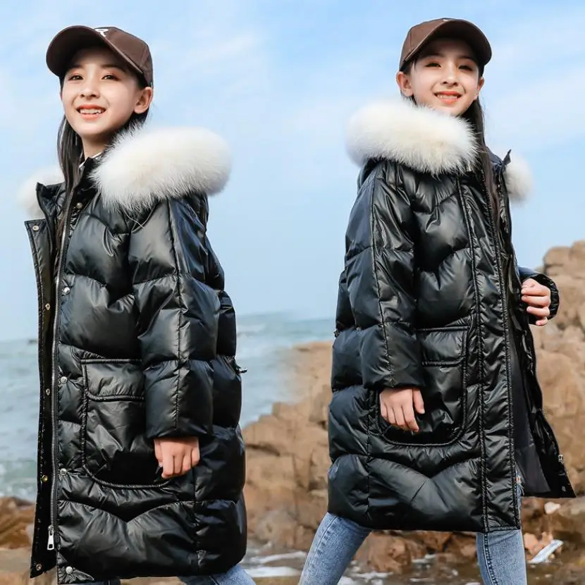 2022 Winter New Real Fur Collar Design Children Windproof Waterproof Hooded Warm Coat White Duck Down Jackets For Girls A1678