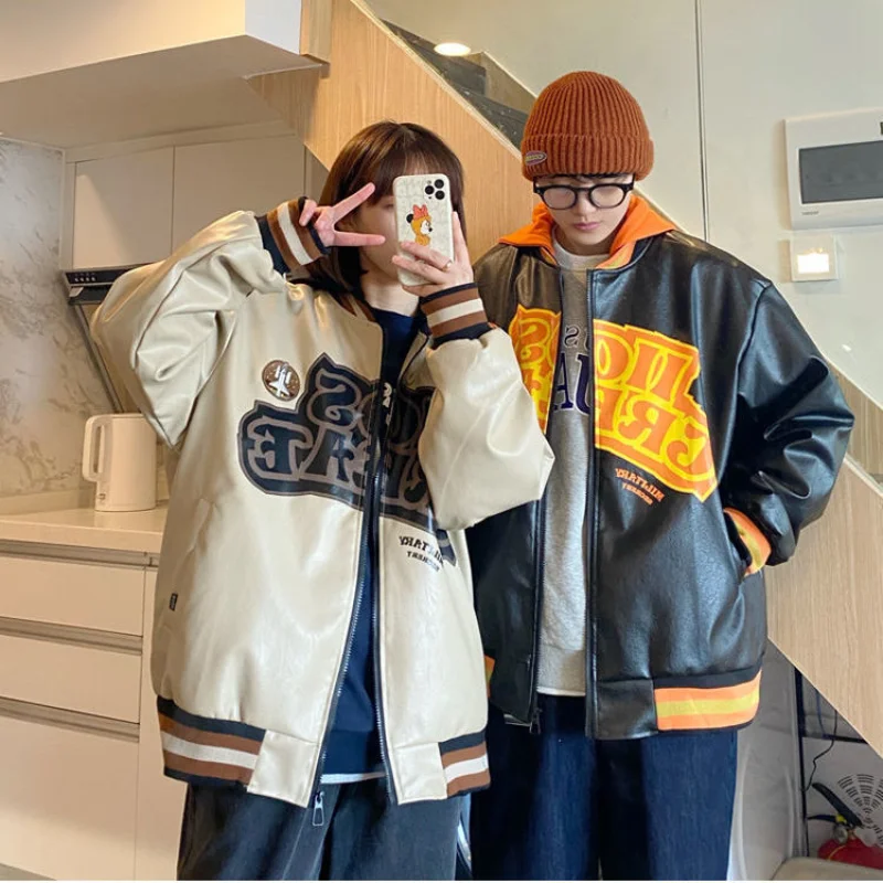 

Spring and Autumn Printed Leather Baseball Jacket Women's Jacket Couple Bomber Neutral Boyfriend Style School Team Hip-hop Stree