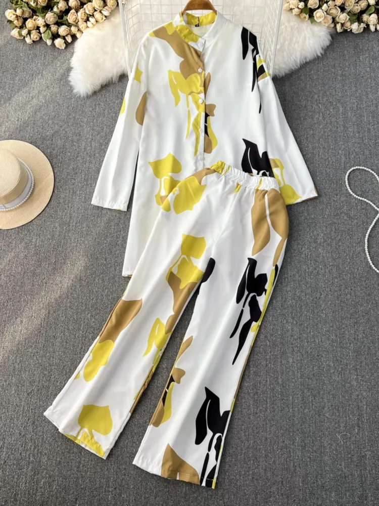 

Spring Women 2 Pieces Fashion Set Casual Loose Long Shirts Floral Beach Straight Trousers Suit Female Vintage Boho Pantsuit