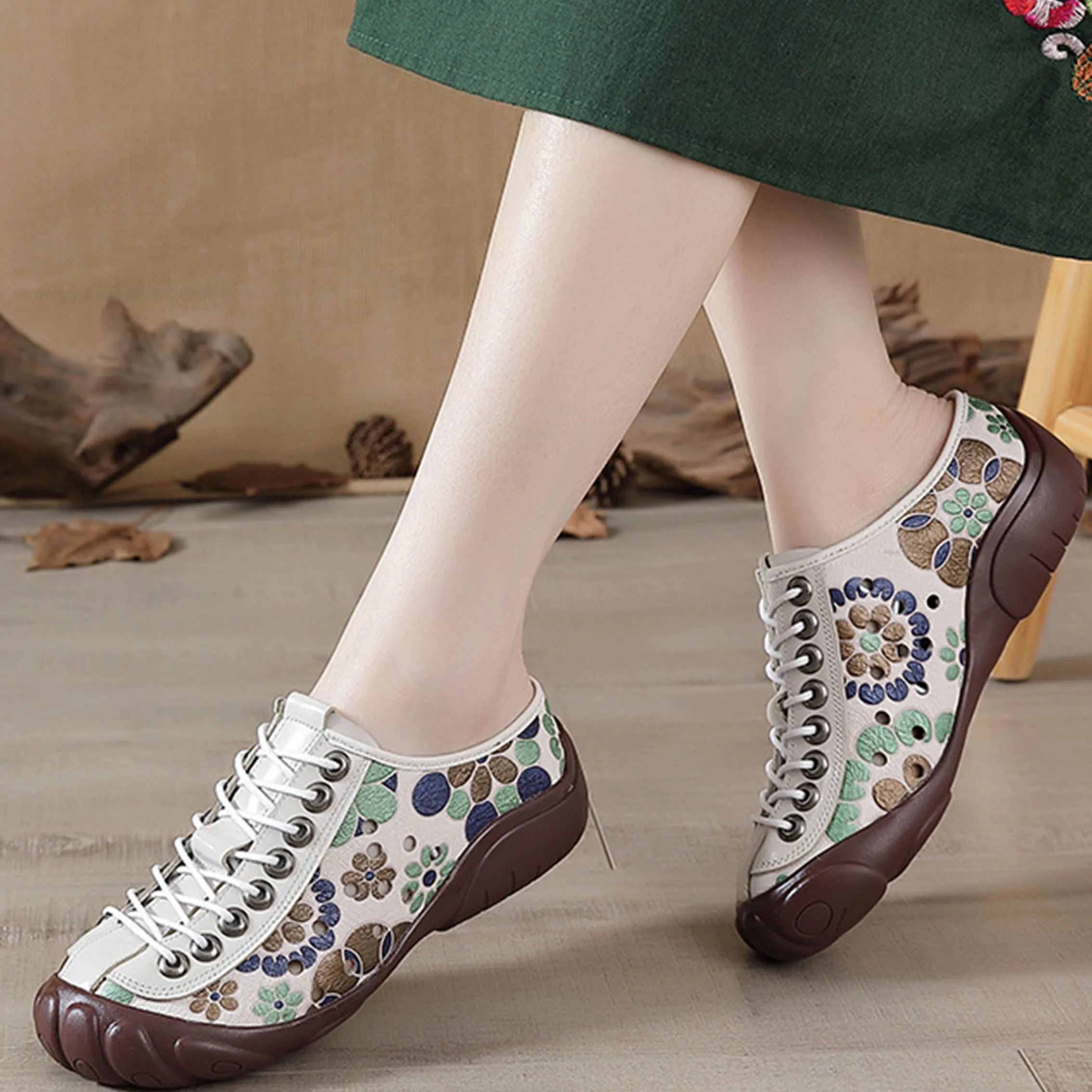 Genuine Leather Flats Women Sneakers Hollow Lace-up Comfy Round Toe 2023 New Summer Concise Leisure Retro Handmade Ladies Shoe