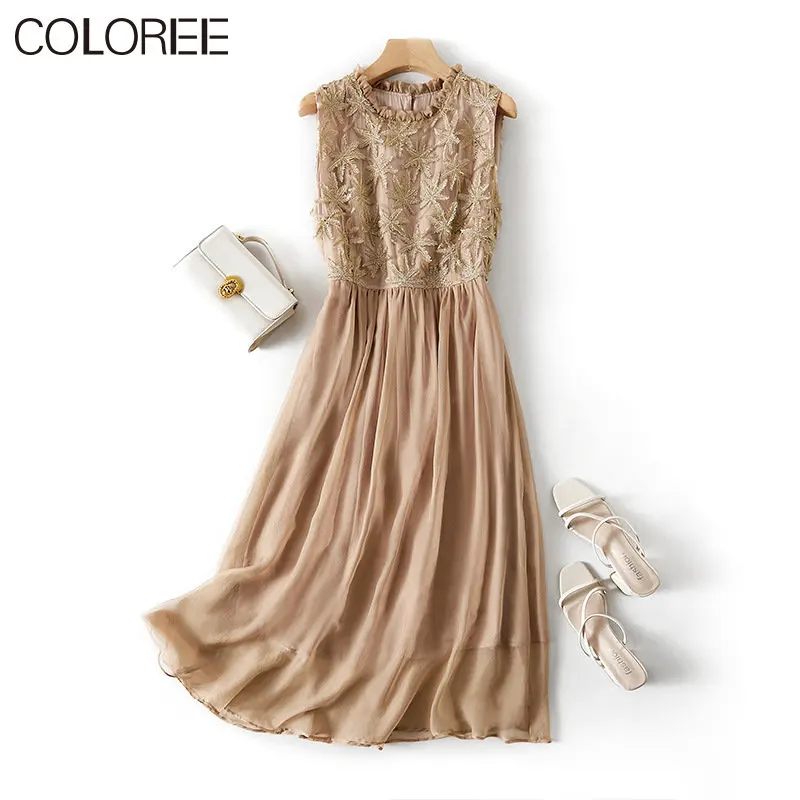 

Женское шелковое платье-миди с круглым вырезом, без рукавов