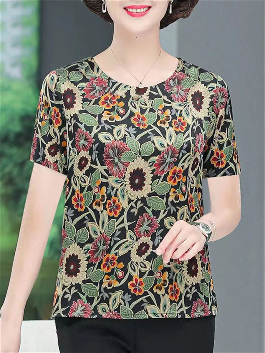 Блузка женская с коротким рукавом круглым вырезом и цветочным принтом G2179
