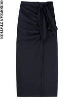 pailete women 2022 fashion front bow slit hem midi skirt vintage high waist side zipper female skirts mujer