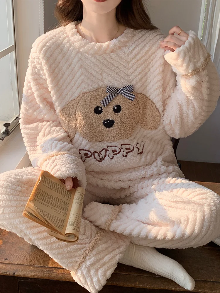 Cartoon Pajamas Women's Autumn and Winter Coral Fleece Thickened Fleece-lined Flannel Sweet Cute Plus size Homewear Set