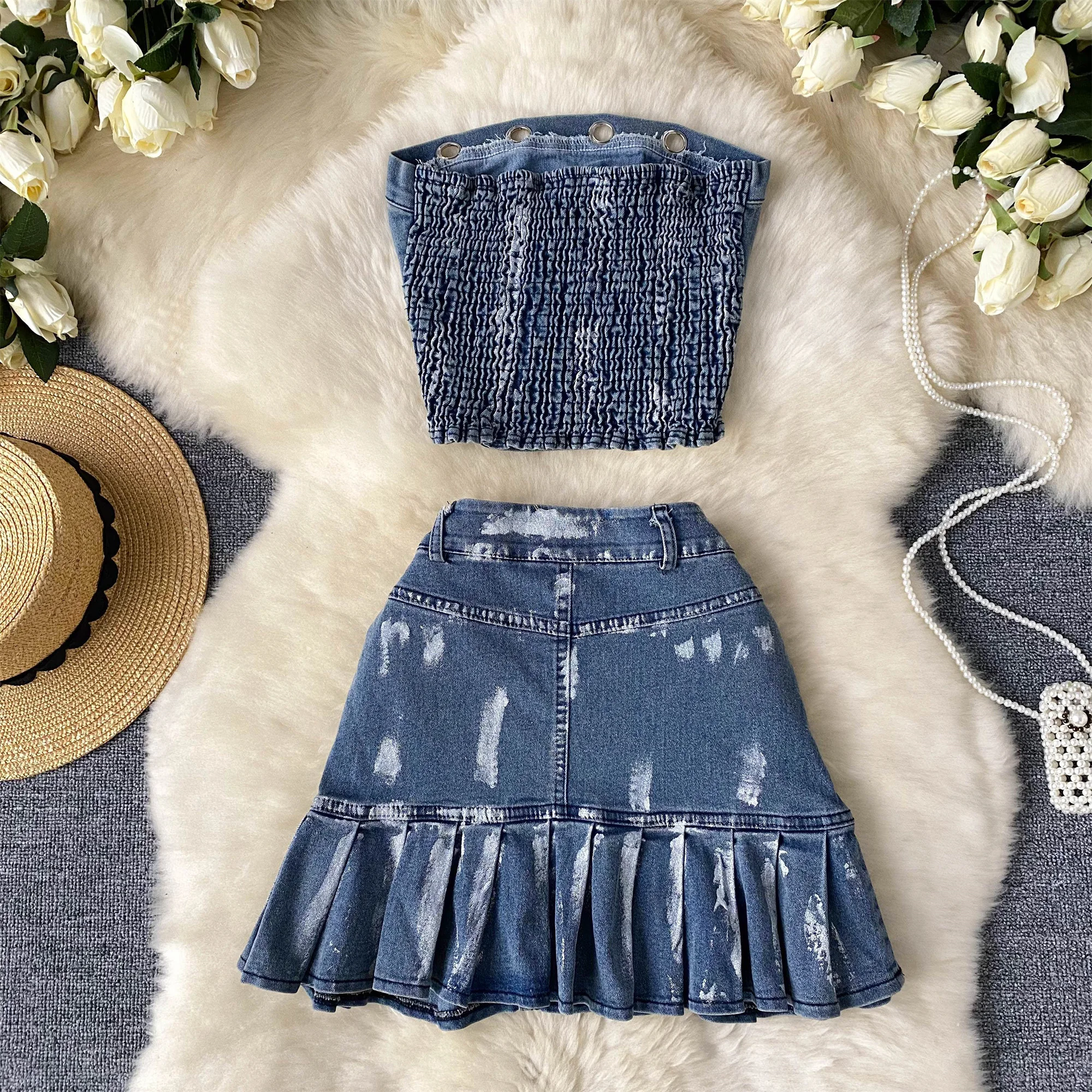 Женский комплект из 2 предметов джинсовый Топ без бретелек и короткая облегающая