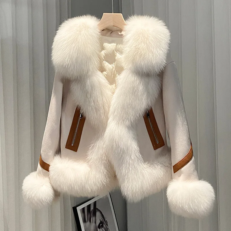 Fall/winter fox fur fur collar down jacket young women short Genuine Leather Thick Warm fur collar outerwear fashion tops 2023