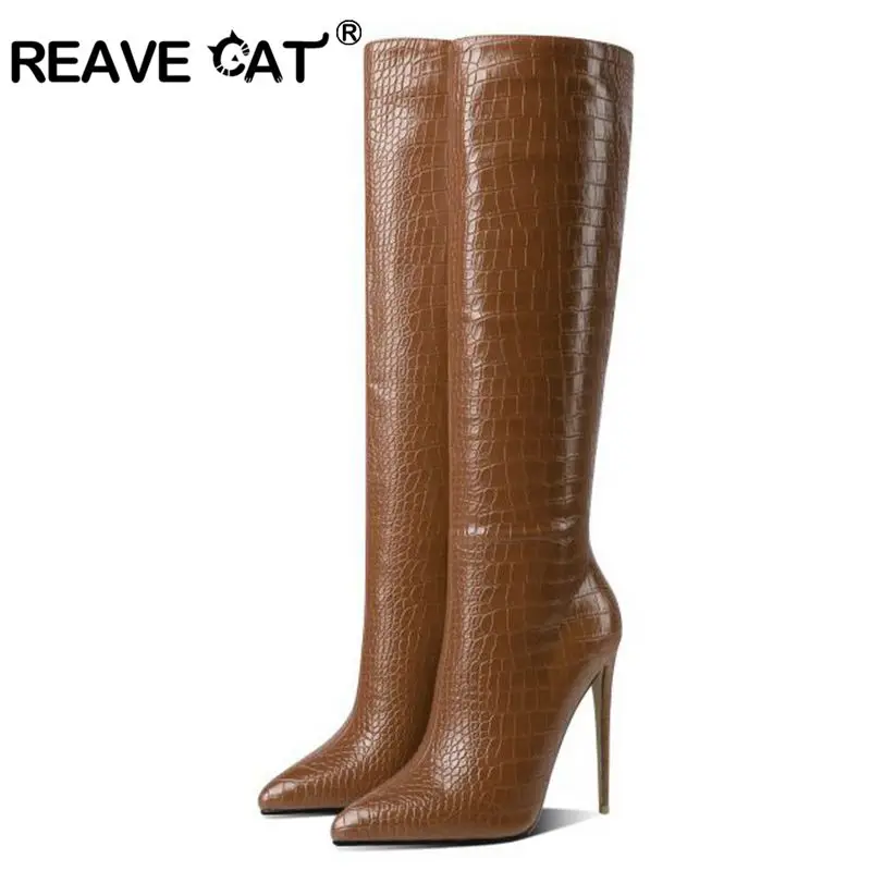 

Женские сапоги до колена REAVE CAT, новые осенние сапоги В рыцарском стиле на тонком каблуке 8 см, разноцветные сапоги с квадратным носком и широ...