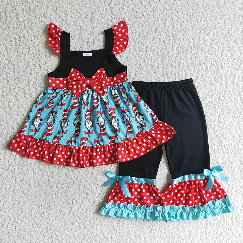 

Toddler Baby Girl Boutique Clothing Wave Point Bow Ruffle Top Pants Cat Set Wholesale Children Summer Fashion Kids Clothes