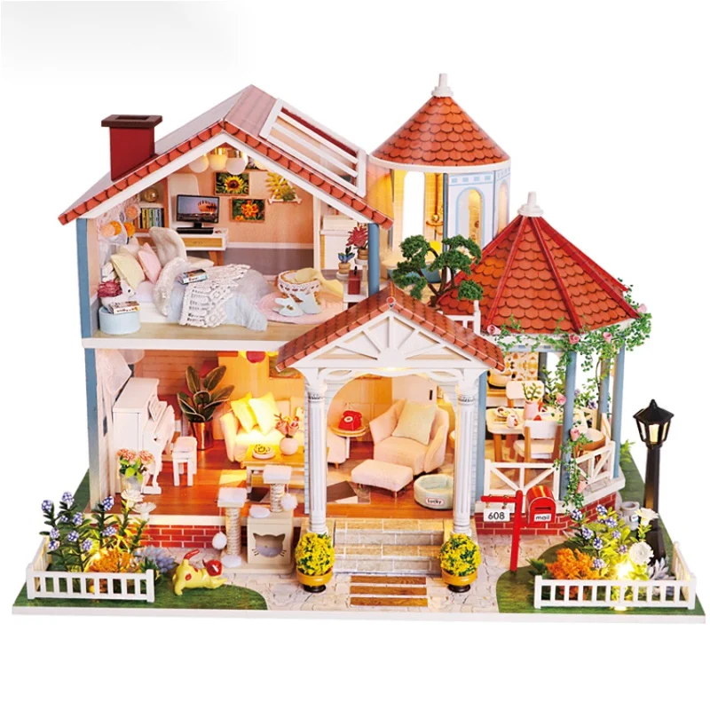 Casa de muñecas con muebles para niños, casa de muñecas en miniatura de madera hecha a mano, juguetes de rompecabezas, Villa de estilo europeo para niños