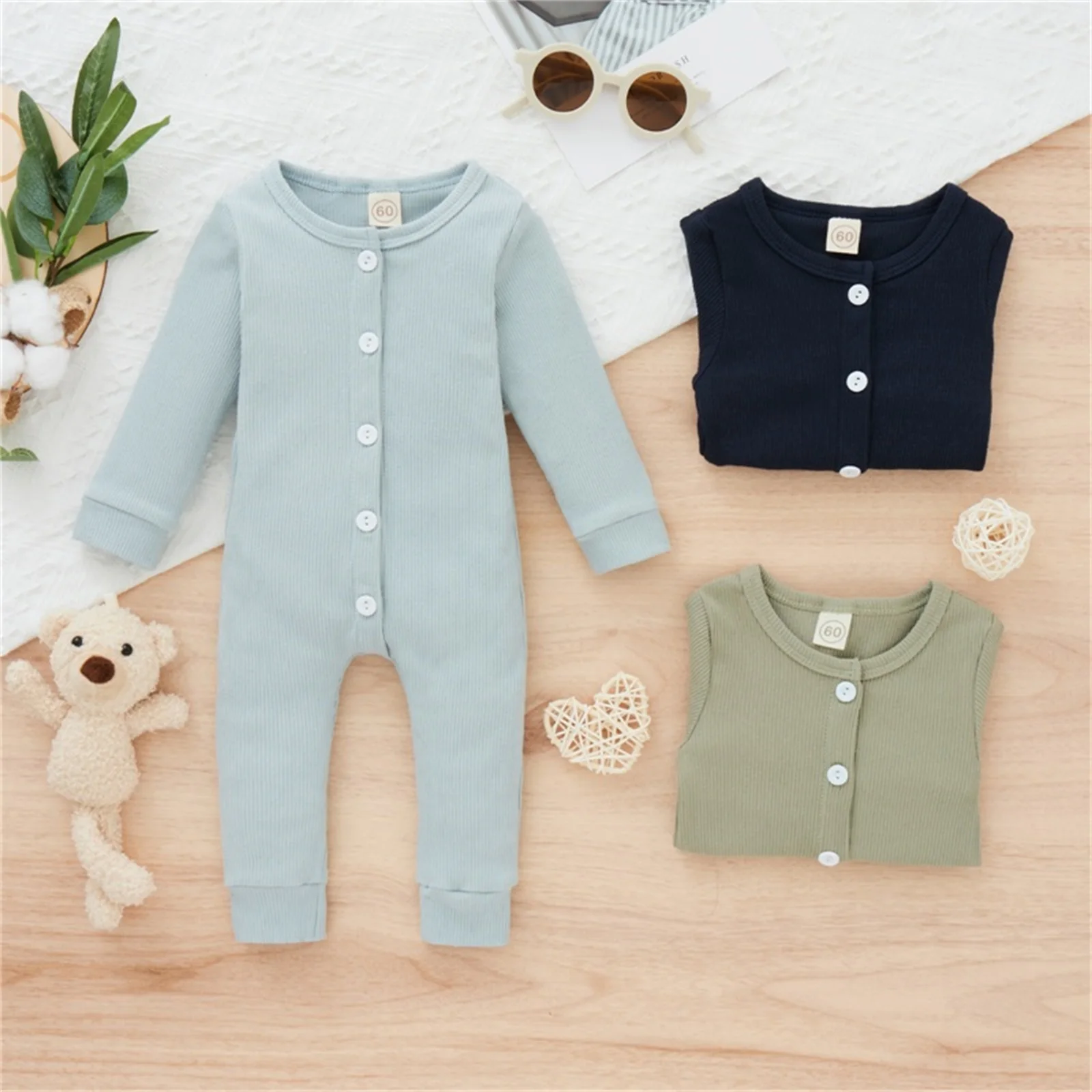 

Spring Autumn Baby Jumpsuit Newborn Infant Boys Girls Long Sleeve Button Closure Solid Casual Romper for 0-24Months