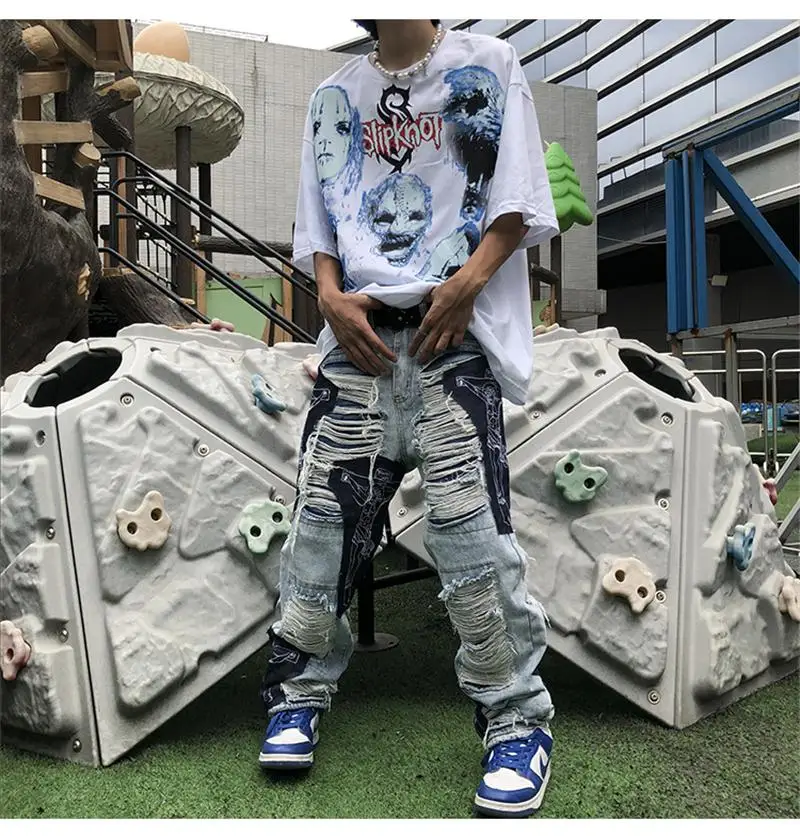 American jeans men's fashion brand high street hole hiphop hip hop straight wash cut cross print stitching denim trousers