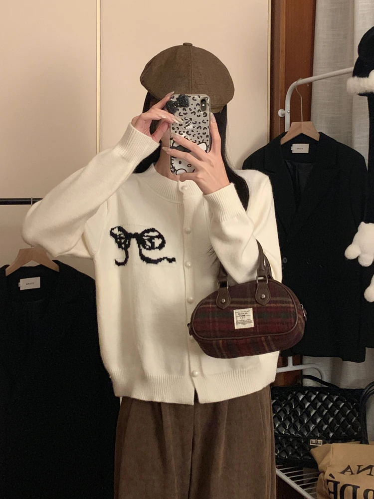 Gaganight Женский жаккардовый мягкий вязаный кардиган с бантом и лентами осень 2024