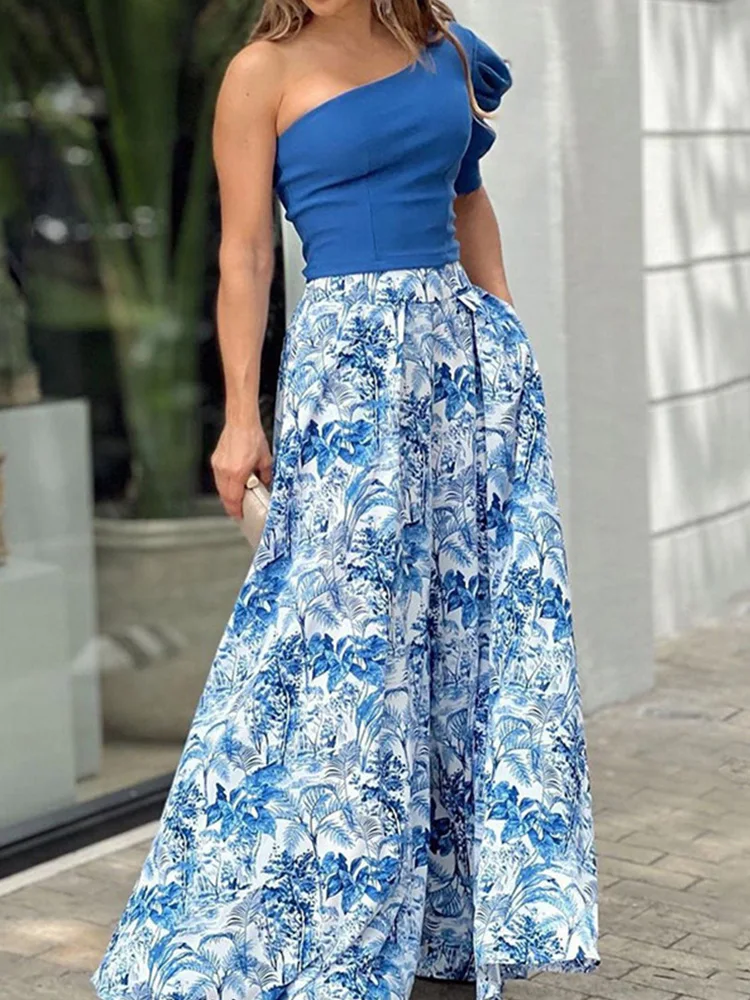 

Women Summer Two Piece Set Solid Sexy One Shoulder Puffed Short Sleeve Crop Tops & Floral Printed Maxi Skirts Set
