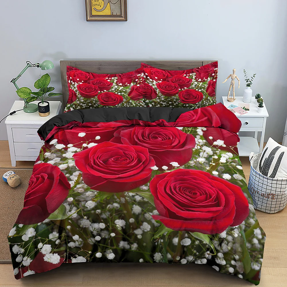 

Set 3D Print Red Flower Comforter Cover Romantic Theme Love Element for Girls Women Kid Polyester Bedding Set Rose Duvet Cover