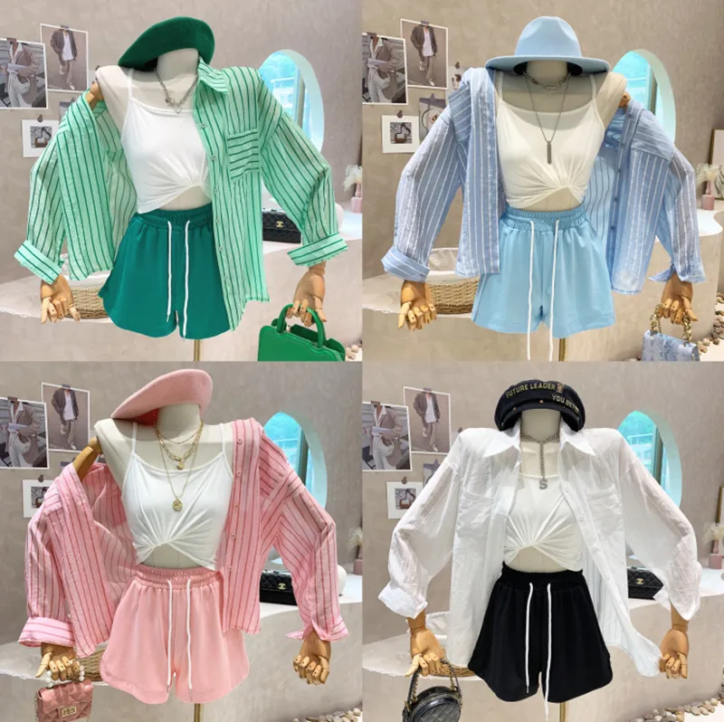 

New Women's Clothing 2022 Summer Long sleeved loose Striped Shirt Top + suspender Sling + casual shorts three piece set