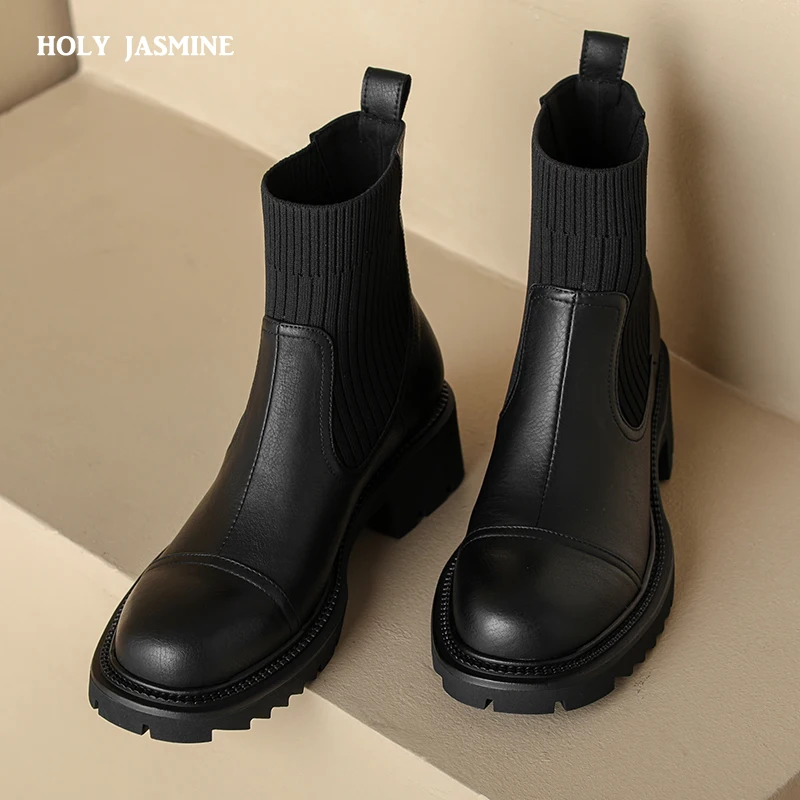 

Autumn Women Shoes Round Toe Chelsea Boots for Women Split Leather Brogues Winter Chunky Heel Ankle Boots Black Motorcycle Boots