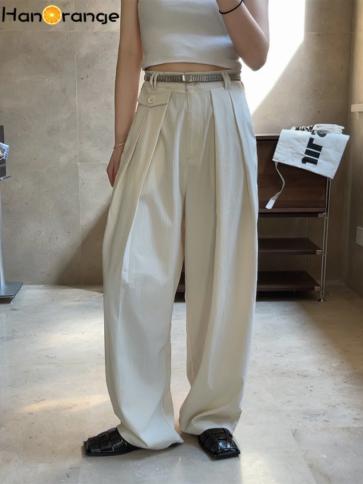 HanOrange 2022 Spring Summer Wide Leg Pants Women Wrinkled Texture High Waist Loose Light Thin Trousers Female Black/Milk White