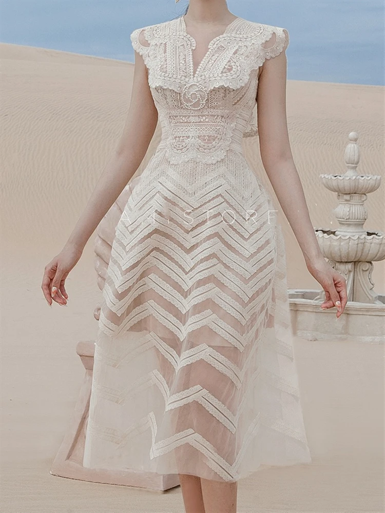 Женский Винтажный кружевной сарафан без рукавов однотонное платье абрикосового