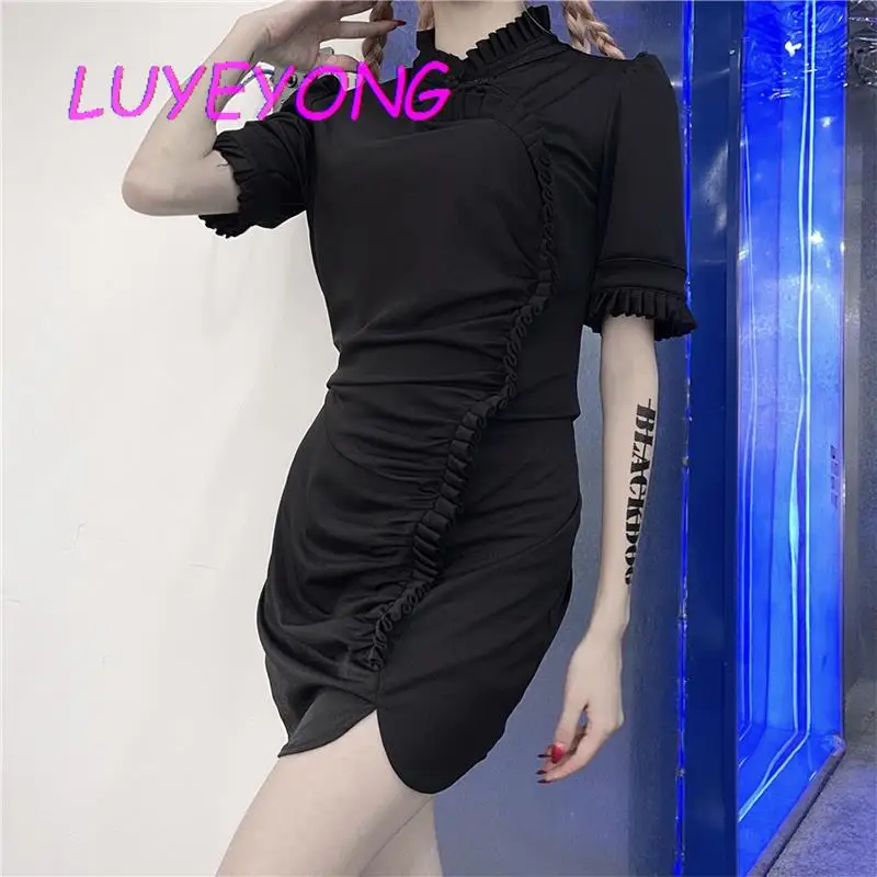 

Harajuku Mujer Mini Gothic Vestidos Solid Black Lady Pleated Vintage Cheongsam Women Ruffles Folds Short Sleeve Summer Dress
