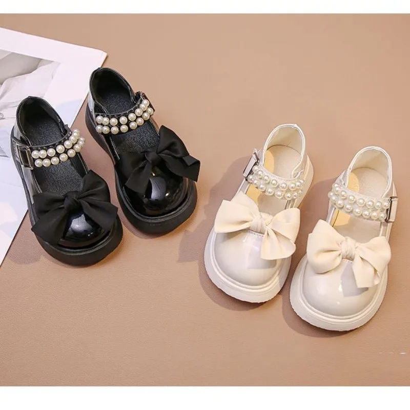 Girls' Leather Shoes 2023 Spring and Summer Girls' Bow Pearl Decorative Leather Shoes Soft Shoes Fashion Princess Shoes 24-37