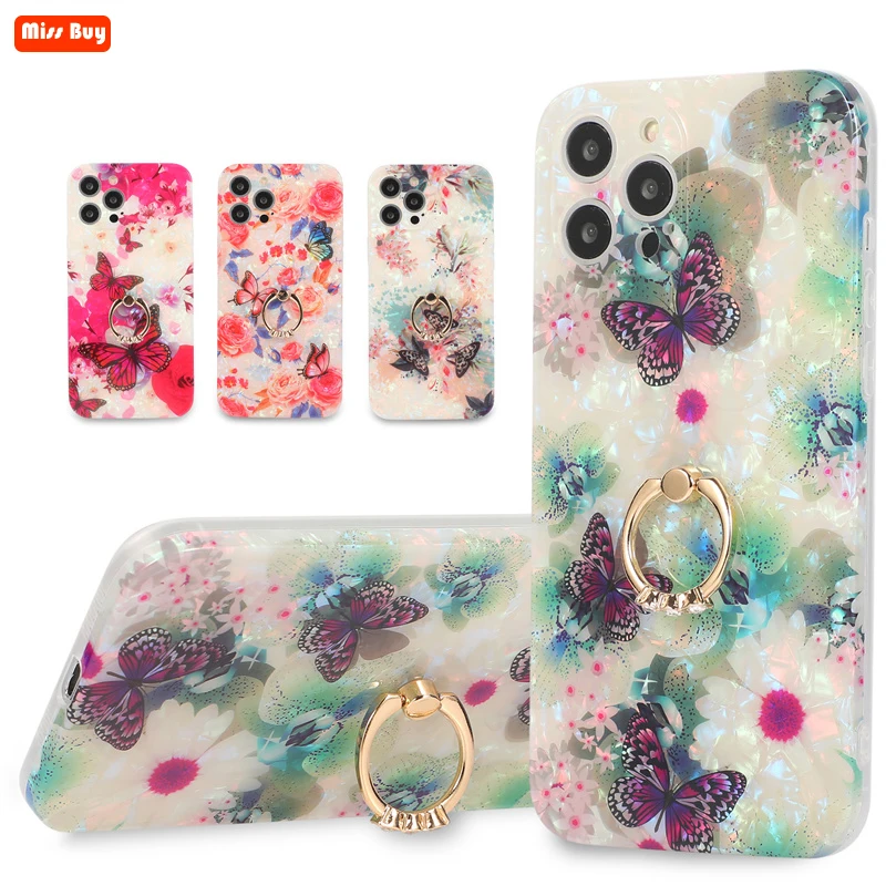 

Flower Butterfly Glitter Dream Shell Pattern IMD Soft Ring Holder Phone Case For iPhone 13 12 11 Pro Max X XS XR 7 8 Plus Cover
