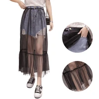 japan woman mini denim silk skirts black sexy mesh fishnet splicing see through wrap hip kawaii sweet straight gauze club dress