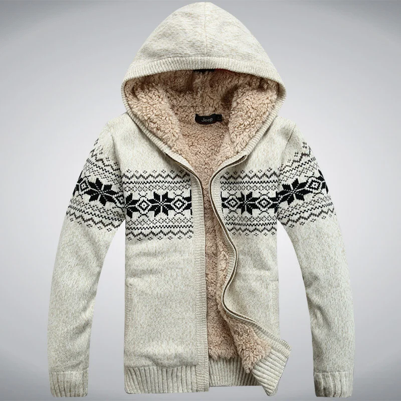 Winter Knitted Hooded Thicken Fleece Wool Men Cardigan Outwear Coats Sweater Cotton White