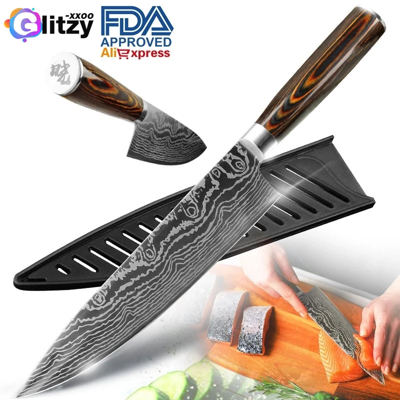 

Kitchen Knfe 1- 6Pcs Set 8 Inch Japanese Chef 7CR17 440C Gyuto Stainless Steel Damascus Drawing Meat Cleaver Slicer Santoku Cook