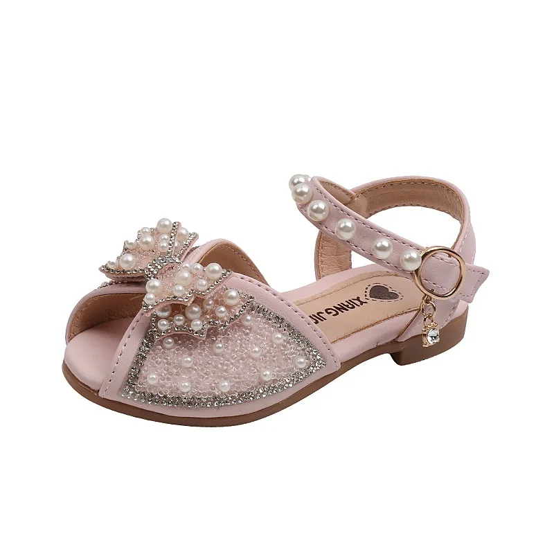 

Kruleepo Rhinestone Crystal Pearl Sandals Shoes for Girls 2023 Summer PU Leather Antiskid Rubber Sole Princess Slippers