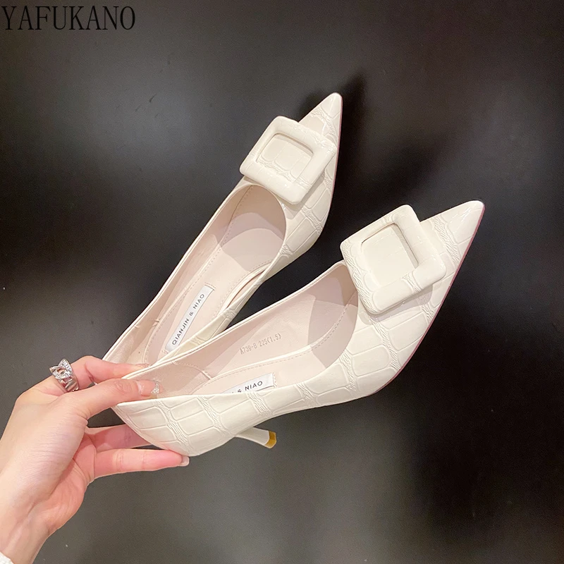 

French Girl High Heels Shoes Fashion Square Buckle Shallow Mouth Office Work Shoes Temperament Pointed Toe Patent Leather Pumps