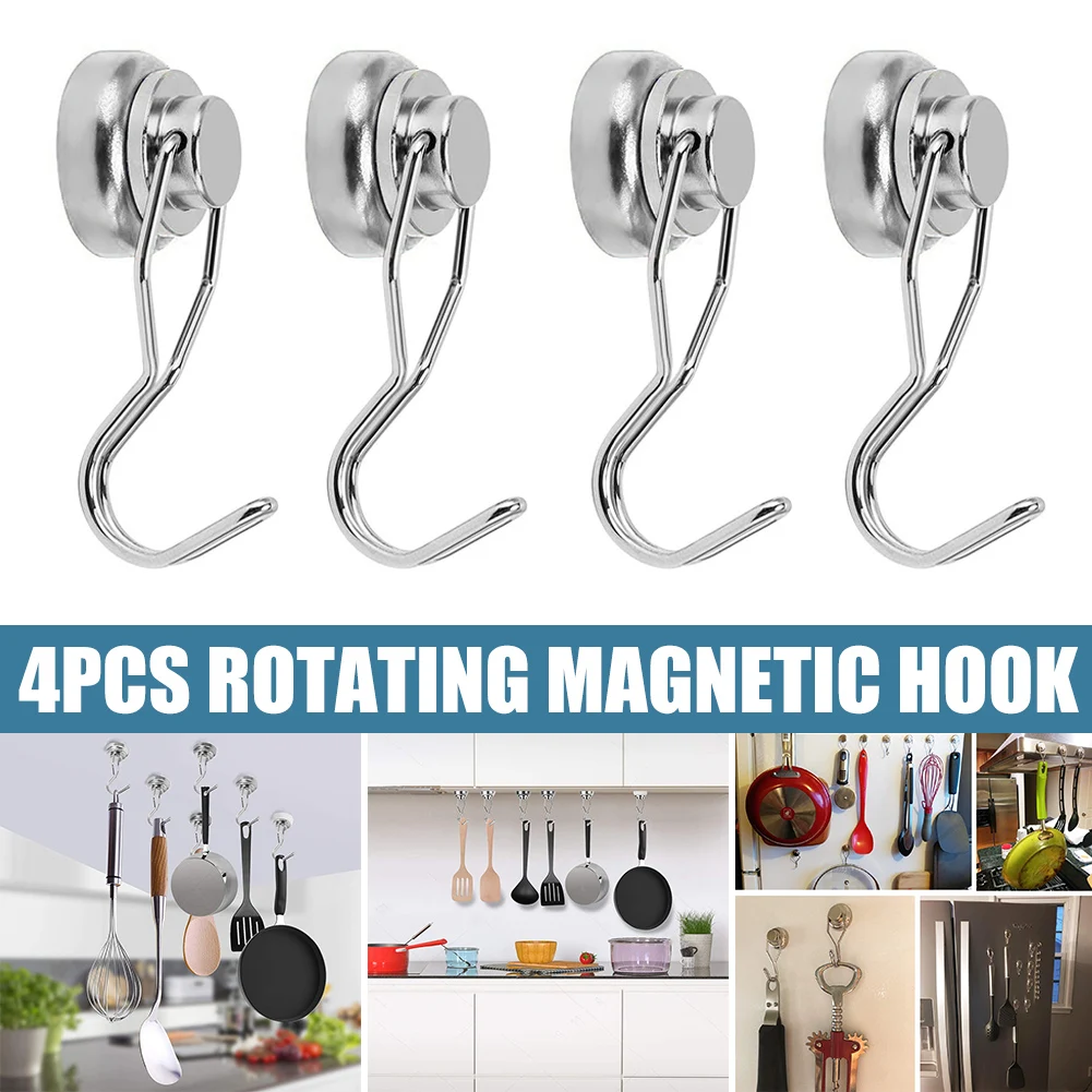 

4 pcs Swivel Magnetic Hooks Heavy Duty Neodymium Magnet Hooks with Scratch Proof Stickers for Home Refrigerator Kitchen EL
