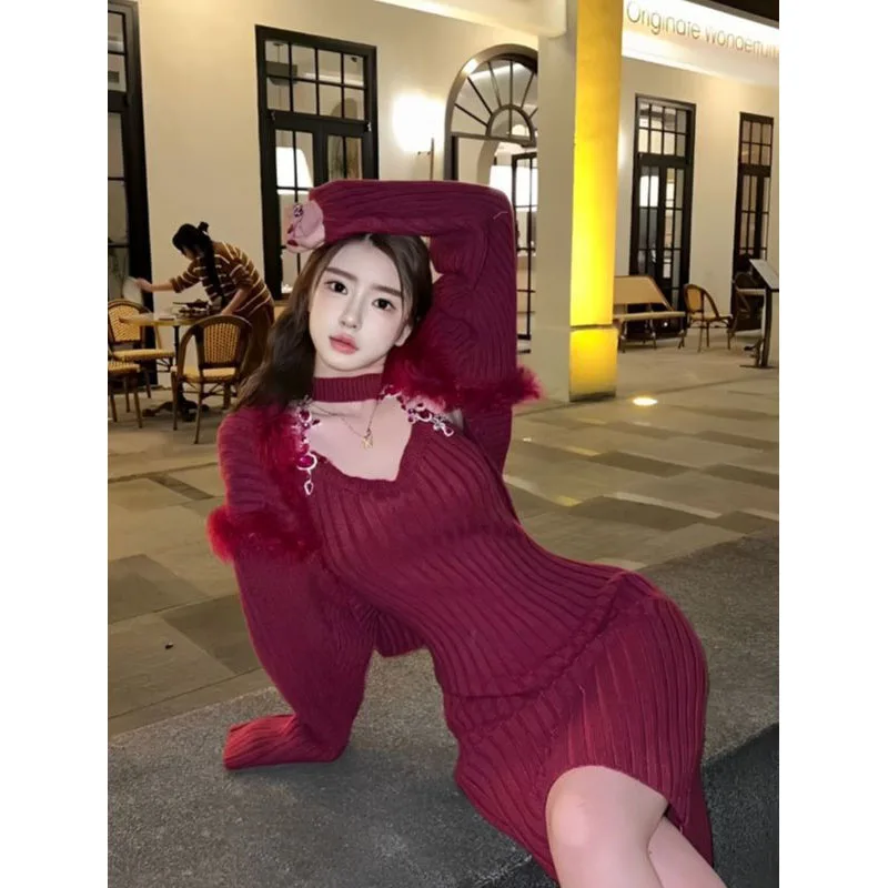 

Xiaoxiang celebrity wind red dress shawl coat temperament royal sister hot girl elegant two-piece suit skirt female