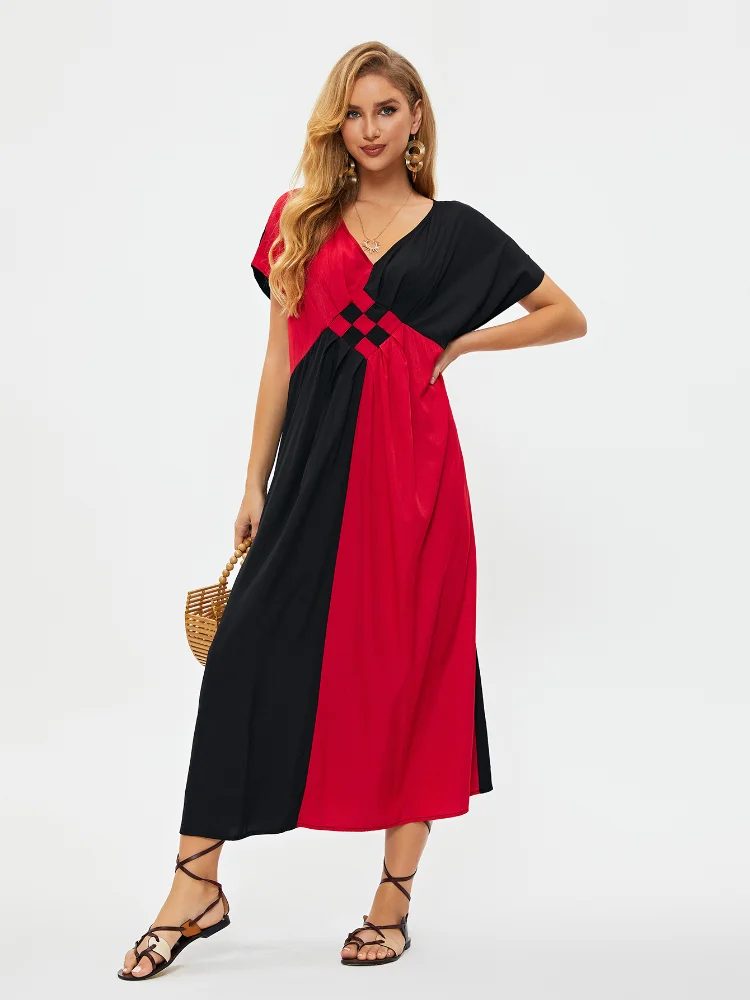 

Beach Cover Ups for Swimwear Patchwork Kaftans for Women Short Sleeve 2023 New Maxi Dresses Elegant Bathing Suits Beachwear