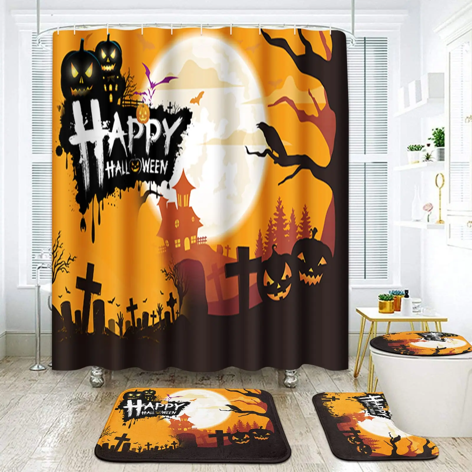 

Halloween Night Bathroom Set with Shower Curtain and Rugs Toilet Cover Mat Pumpkins Trick or Treat Bath Curtain Witch Bat Decor