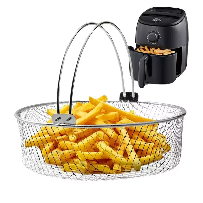 

Air Fryer Basket Stainless Steel With 2 Handles Baking Holder Kitchen Supplies Heat Resistant Reusable Kitchen Oven Accessories